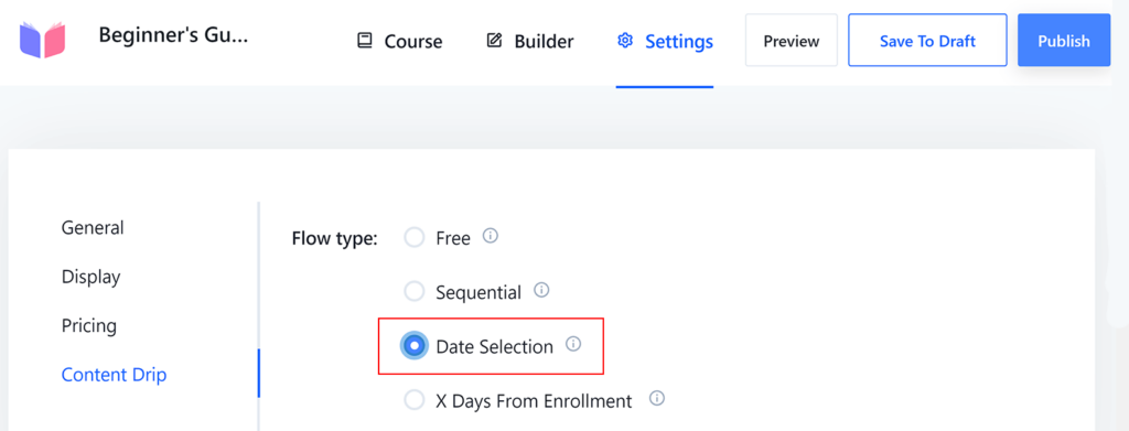 Date Selection Drip Course Content
