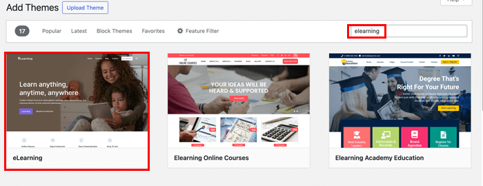 Searching elearning theme on add new theme