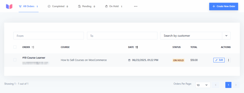 Order Management Dashboard - Masteriyo LMS